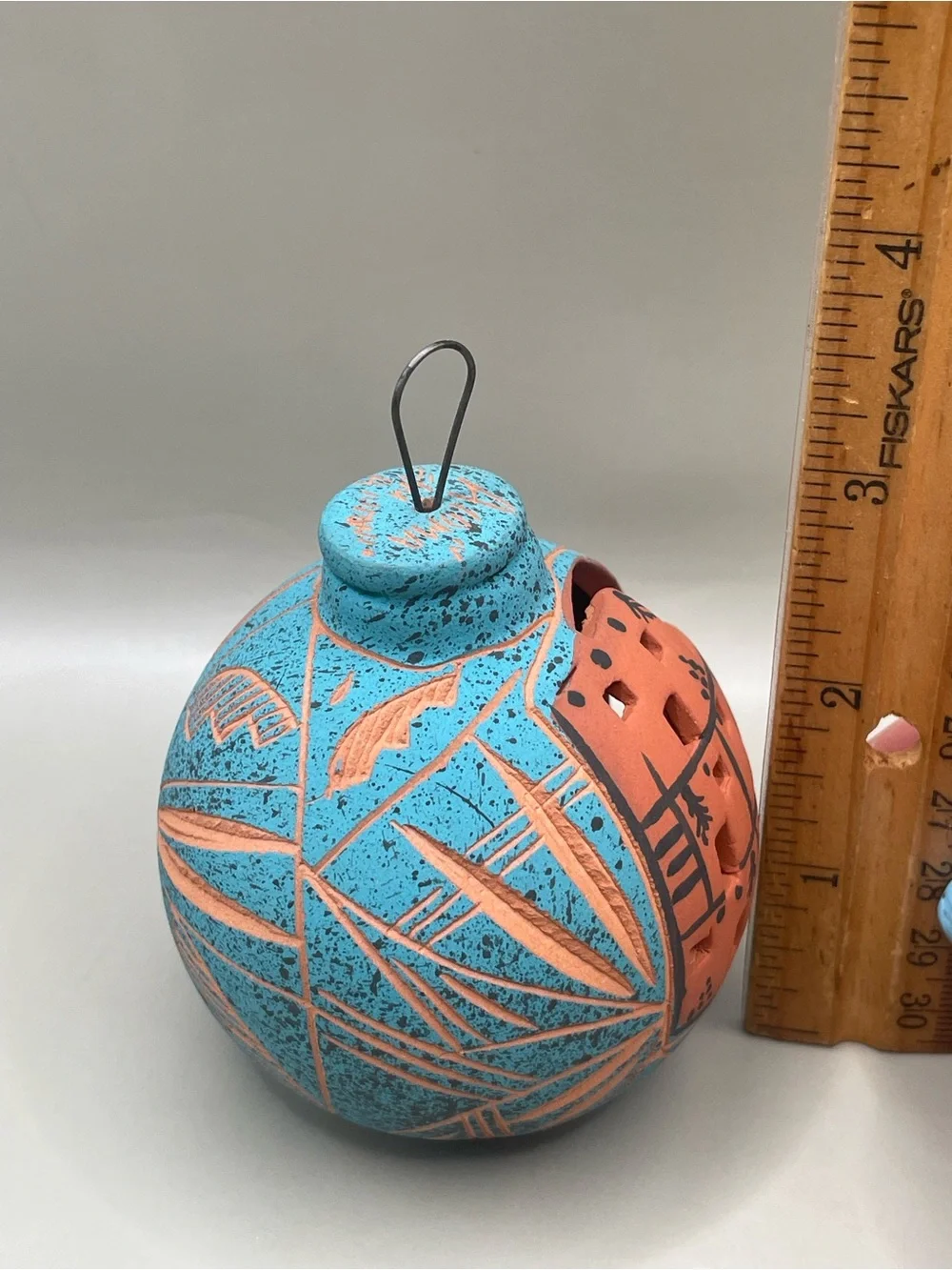 VTG Signed Pueblo Mexican Terracotta Clay Village 3” Ornament Turquoise Color
